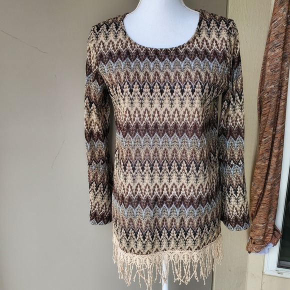 Toffee Apple Tunic Womens Small Brown Blue Tasseled Glitter Boho Peasant Top - Picture 9 of 12